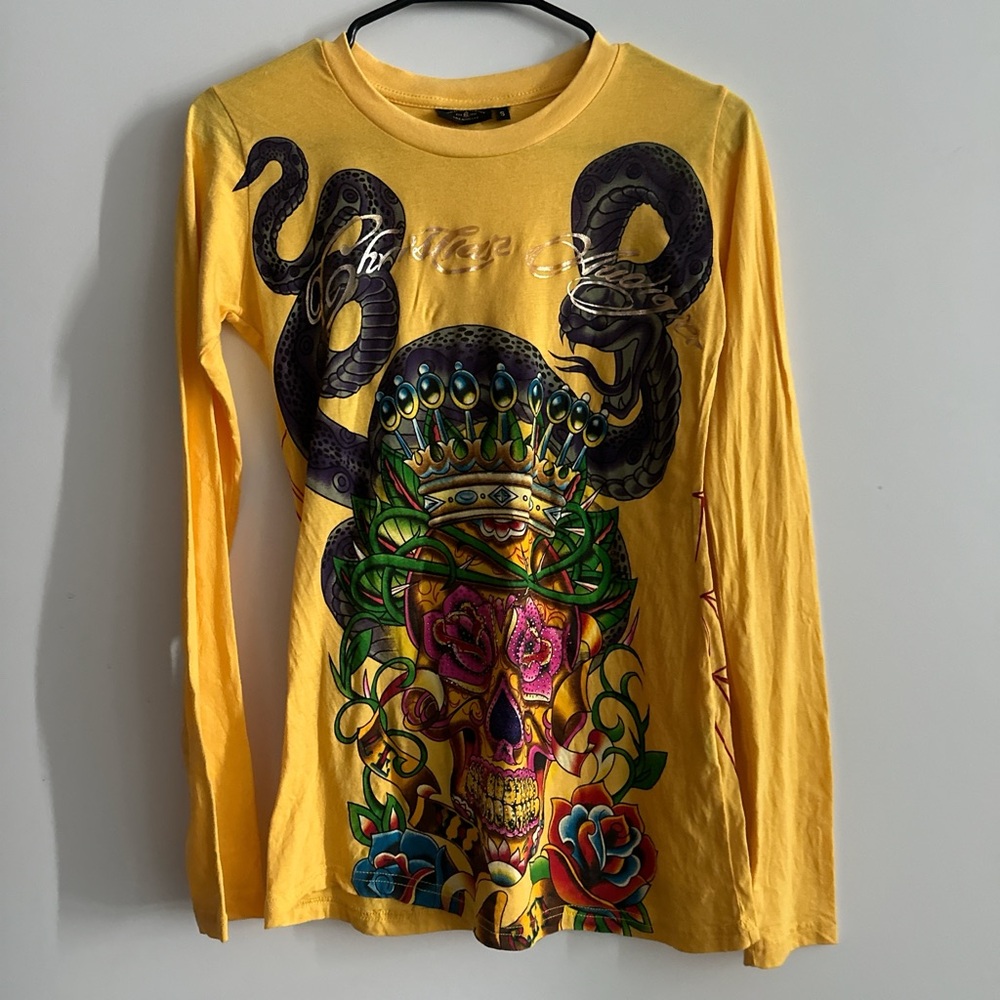 ❌SOLD❌ Christian Audigier Yellow Womens Graphic Long Sleeve Top